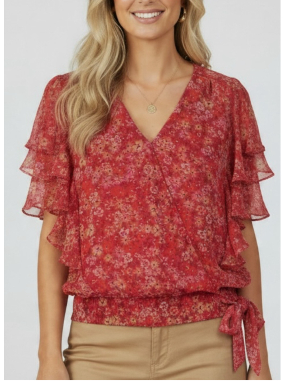 NWT LIVERPOOL Red Floral V-Neck Short Sleeve Tie Waist Blouse Size Medium